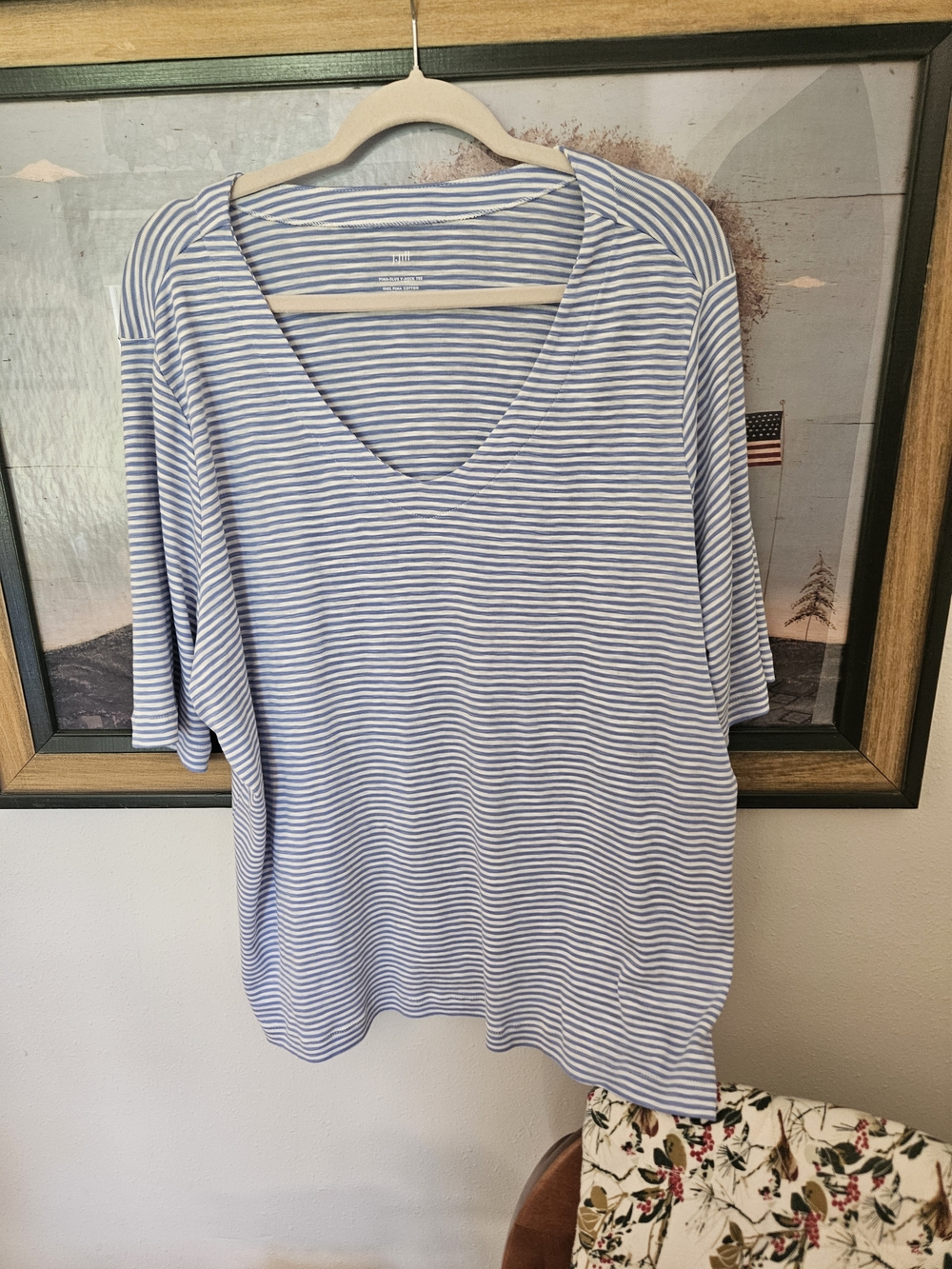 J. Jill Light Blue and White Striped V-Neck Short Sleeve Top Sz 3